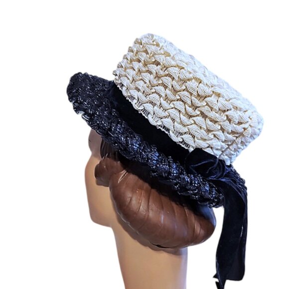 1960s Vintage Cream And Navy Blue Wide Brimmed Straw Hat With Blue Velvet Ribbon - Picture 3 of 5